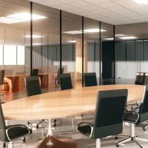 an oval shaped table and chairs in a meeting room