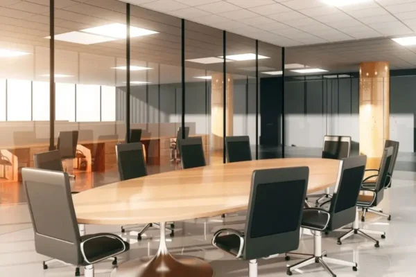 an oval shaped table and chairs in a meeting room