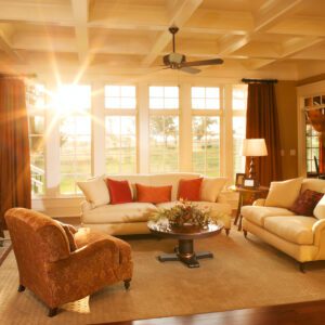 Well appointed traditional living room with beamed ceiling