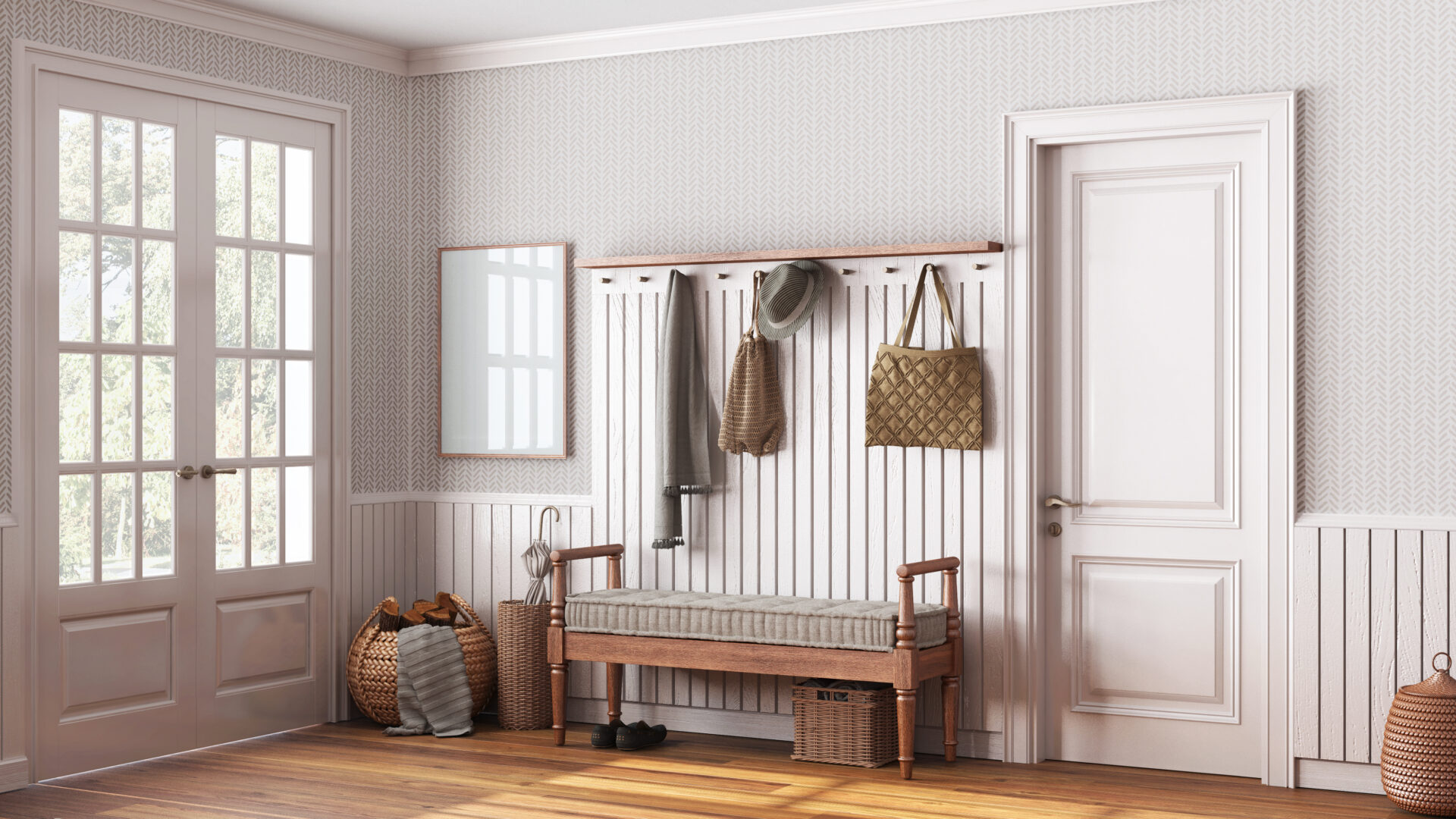 Farmhouse hallway in white and beige tones. Wooden bench and coat rack. Glass entrance door, vintage interior design